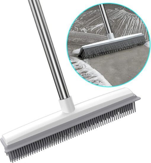 Rubber broom brush with built-in squeegee, designed for removing pet hair from carpets, rugs, and hard floors. Features electrostatic rubber bristles for effective hair pickup and easy cleaning